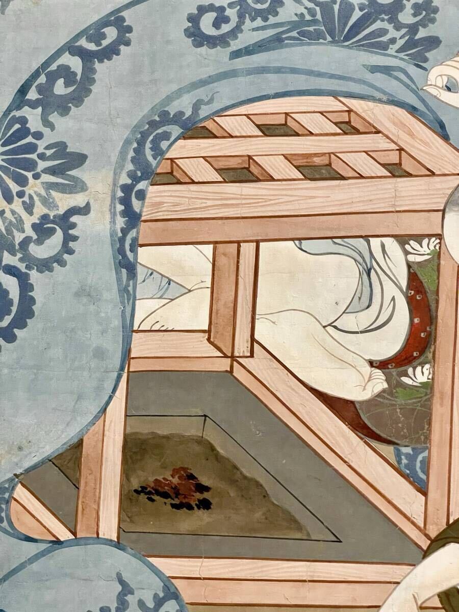 真作】東燕斎寛志 炬燵美人図 肉筆浮世絵 紙本 着色 掛軸□江戸 真作】東燕斎寛志 炬燵美人図 肉筆浮世絵 紙本 着色 掛軸□江戸