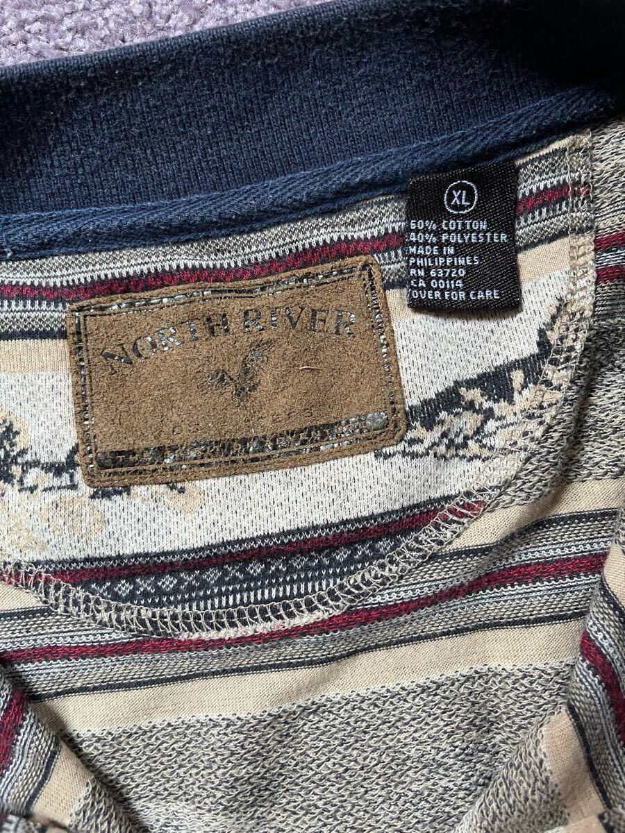90年代 NORTH RIVER ポロシャツ 釣り FISHING フィッシング 魚柄 ボーダー ロングビル 検索ORVIS L.L.BEAN ビンテージ US古著 90s XL 美品