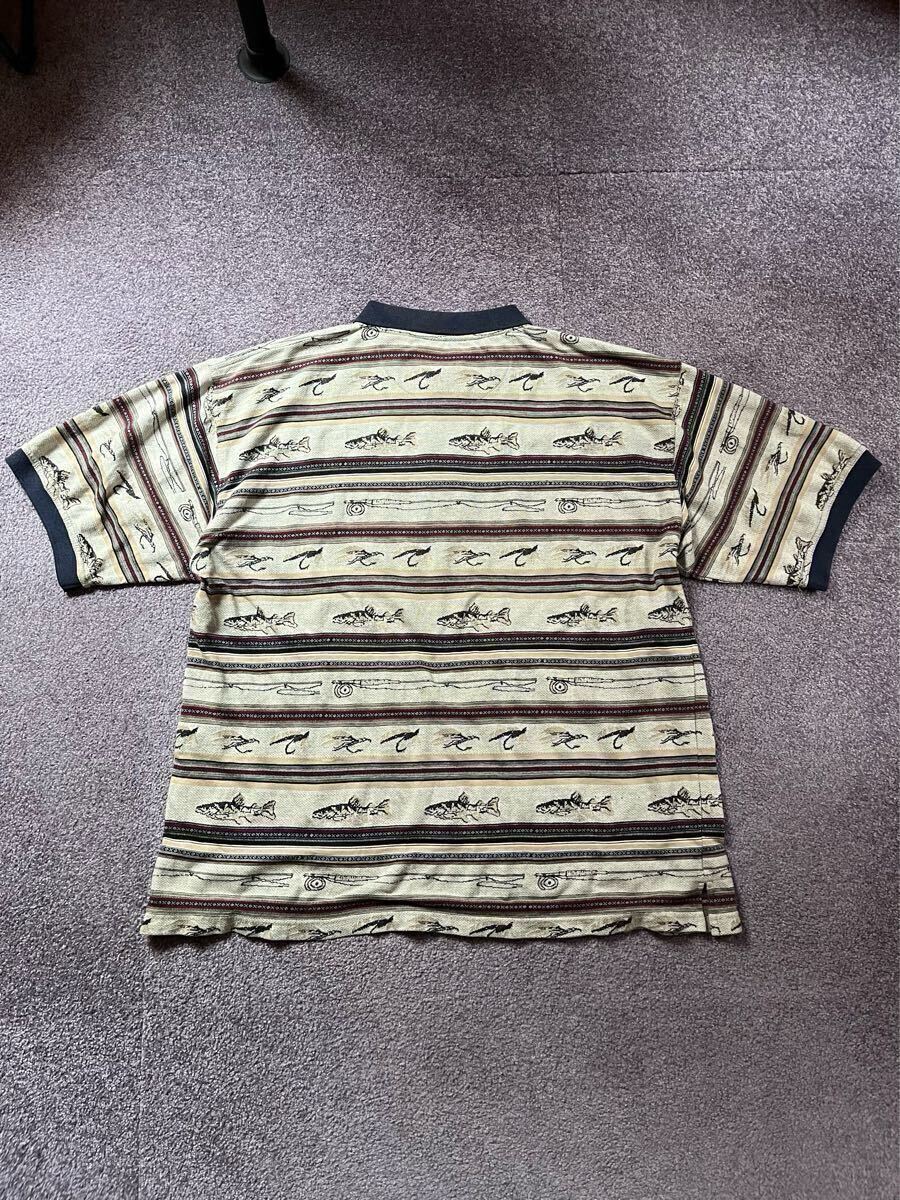 90年代 NORTH RIVER ポロシャツ 釣り FISHING フィッシング 魚柄 ボーダー ロングビル 検索ORVIS L.L.BEAN ビンテージ US古著 90s XL 美品