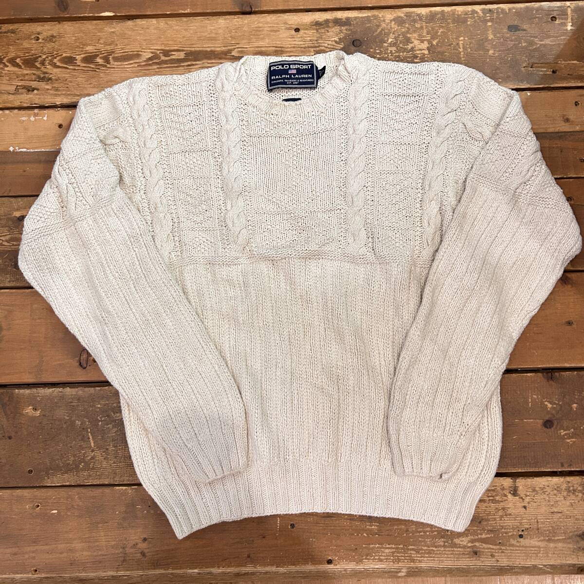 POLO SPORT / ポロスポーツ ハンドニット ケーブルニット セーター メンズ Lサイズ ホワイト 長袖 ラルフローレン 古着 USED_画像1