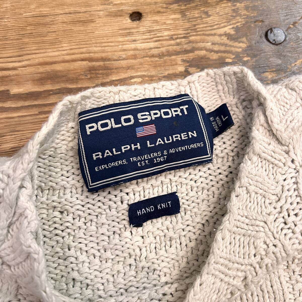 POLO SPORT / ポロスポーツ ハンドニット ケーブルニット セーター メンズ Lサイズ ホワイト 長袖 ラルフローレン 古着 USED_画像4