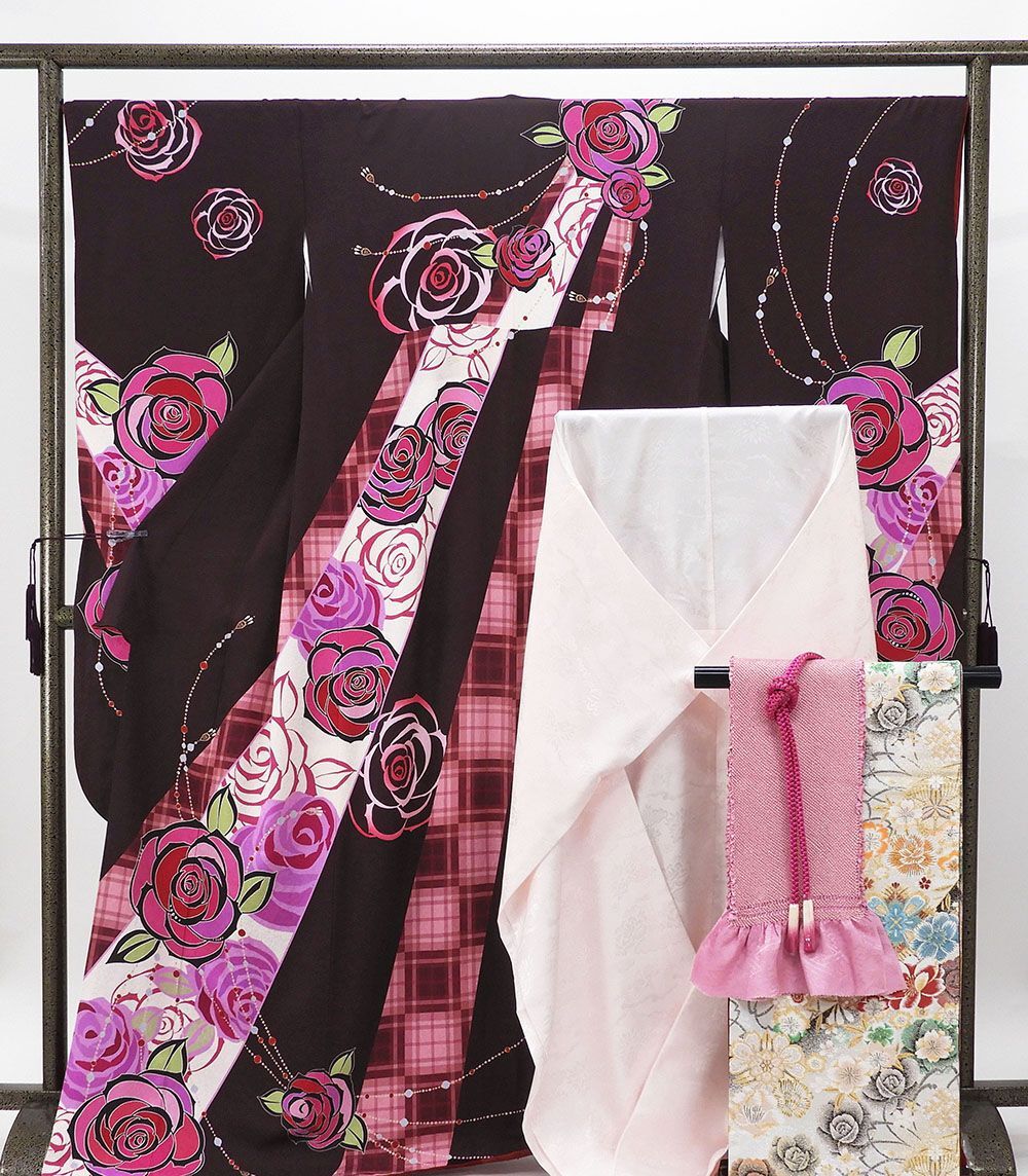 ご確認用⑥ 振袖 正絹 薔薇格子模様 5点セット 身丈170cm 裄丈67.5cm 袋帯 長襦袢