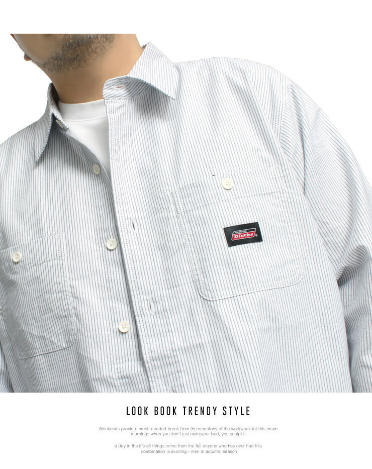 【新品】 3L ブルー [GENUINE DICKIES] ワークシャツ メンズ 大きいサイズ ワッペン ロゴ 長袖 オックスフォードシャツ