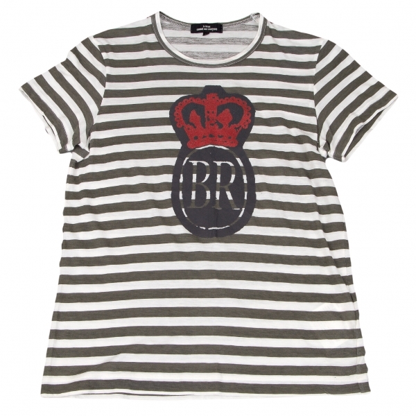 トリココムデギャルソンtricot COMME des GARCONS ラメクラウンプリントボーダーTシャツ 白カーキS