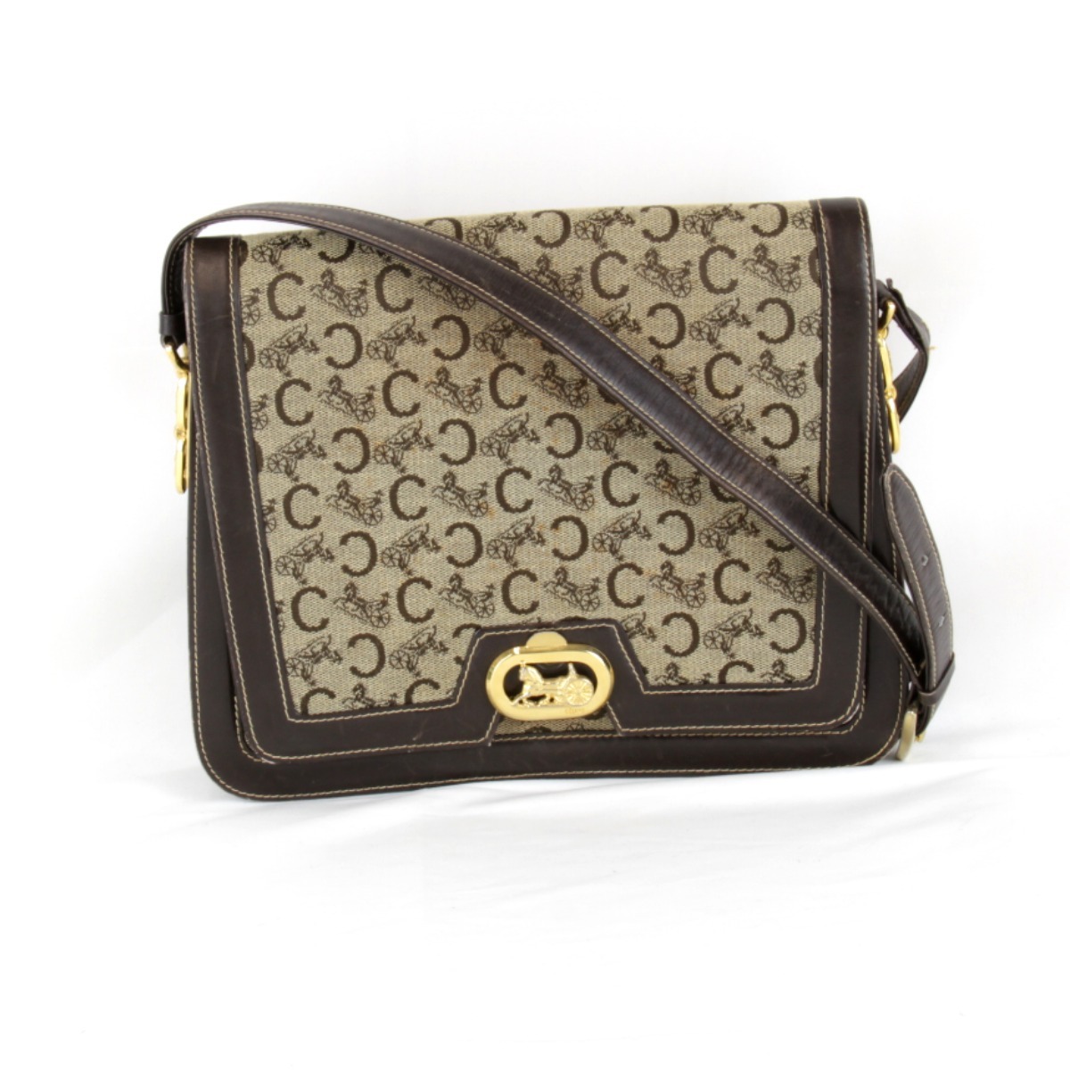 [USED] CELINE Celine C Macadam лошадь машина металлические принадлежности сумка на плечо Brown парусина / кожа 