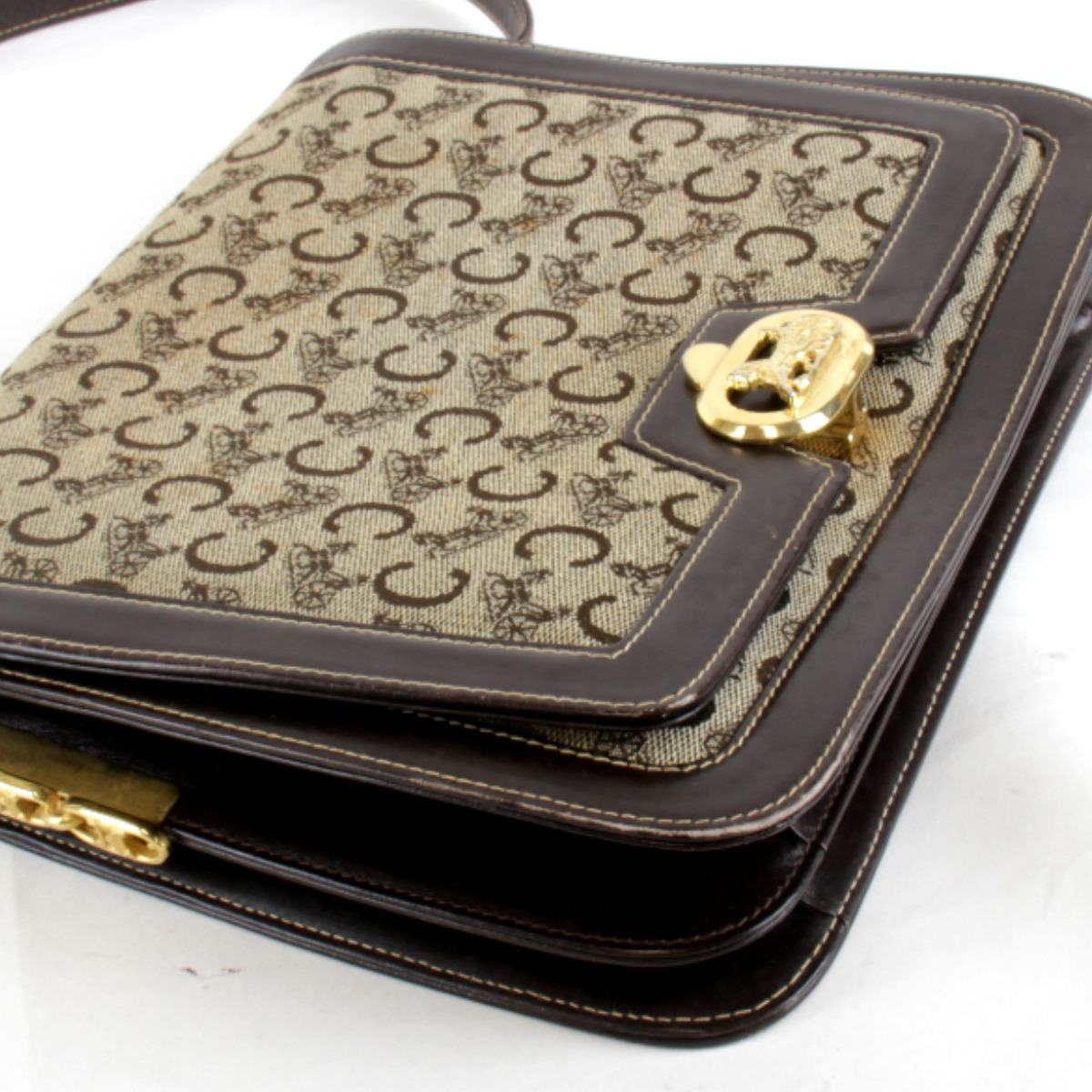 [USED] CELINE Celine C Macadam лошадь машина металлические принадлежности сумка на плечо Brown парусина / кожа 