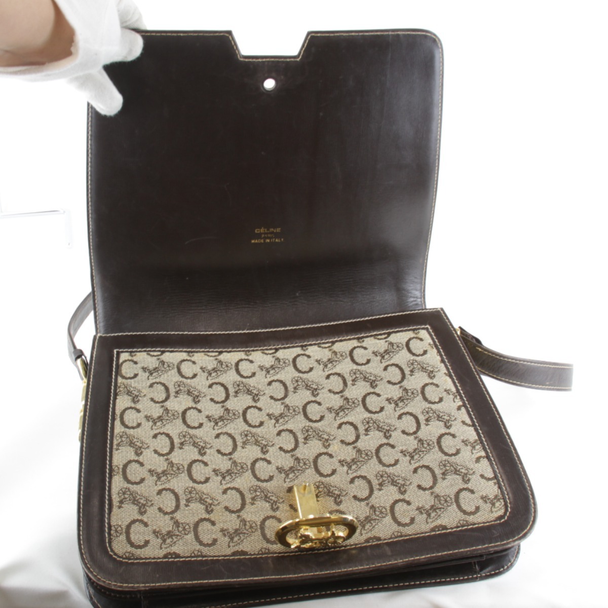 [USED] CELINE Celine C Macadam лошадь машина металлические принадлежности сумка на плечо Brown парусина / кожа 