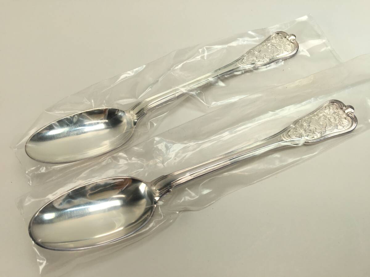n1023 極希少レア 未使用 ジョージジェンセン シルバープレート 彫金 スプーン 約14cm 2本ペアセット カトラリー [パケ無料]