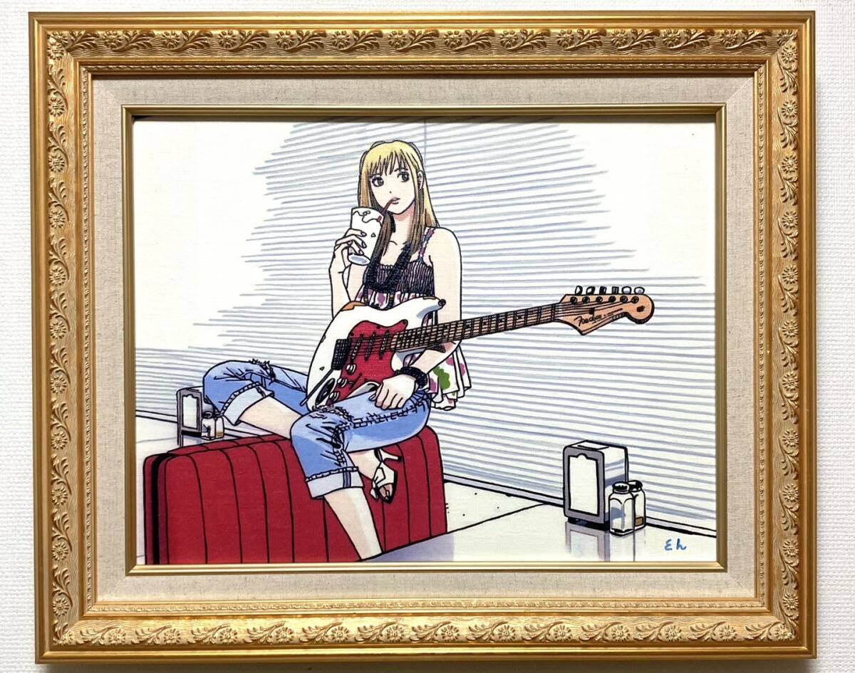 贅沢 模写】作者不詳【ギター女子】油彩 手描き F6 裏サイン 表サイン 絵画
