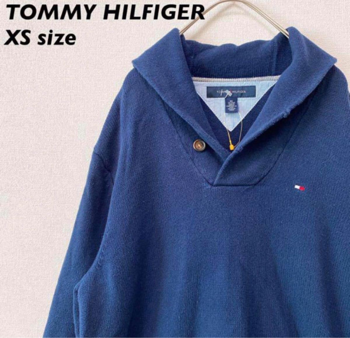 トミーヒルフィガー　ニット　セーター　ショールカラー　フラッグロゴ　男女兼用　ユニセックス　tommy hilfiger xsサイズ　ネイビー_画像1
