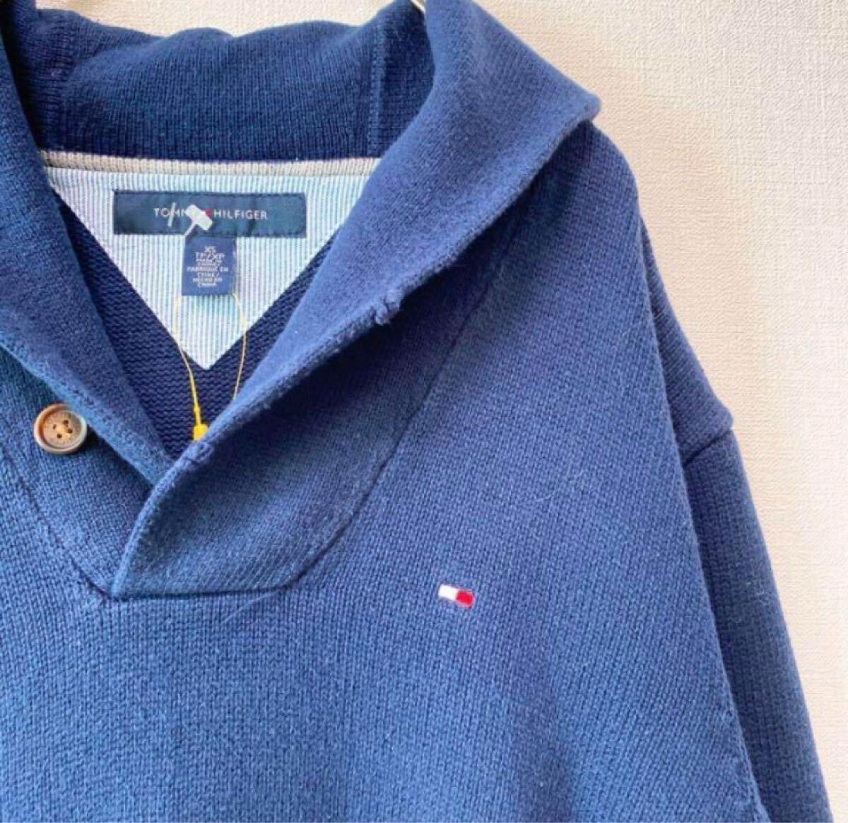 トミーヒルフィガー　ニット　セーター　ショールカラー　フラッグロゴ　男女兼用　ユニセックス　tommy hilfiger xsサイズ　ネイビー_画像4