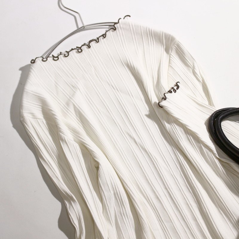 美品 オペ―ク ドットクリップ OPAQUE.CLIP 株)ワールド 春 リブストライプ メロウフリル 長(zhǎng)袖カットソー S ホワイト 白 コットン インナー