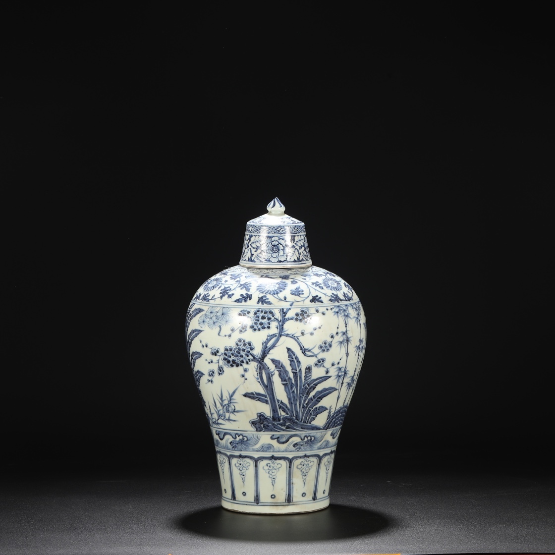 明時代 洪武 青花 松竹梅文 芭蕉寿石図 蓋付き大梅瓶 唐物 箱 明時代 洪武 青花 松竹梅文 芭蕉寿石図 蓋付き大梅瓶 唐物 箱