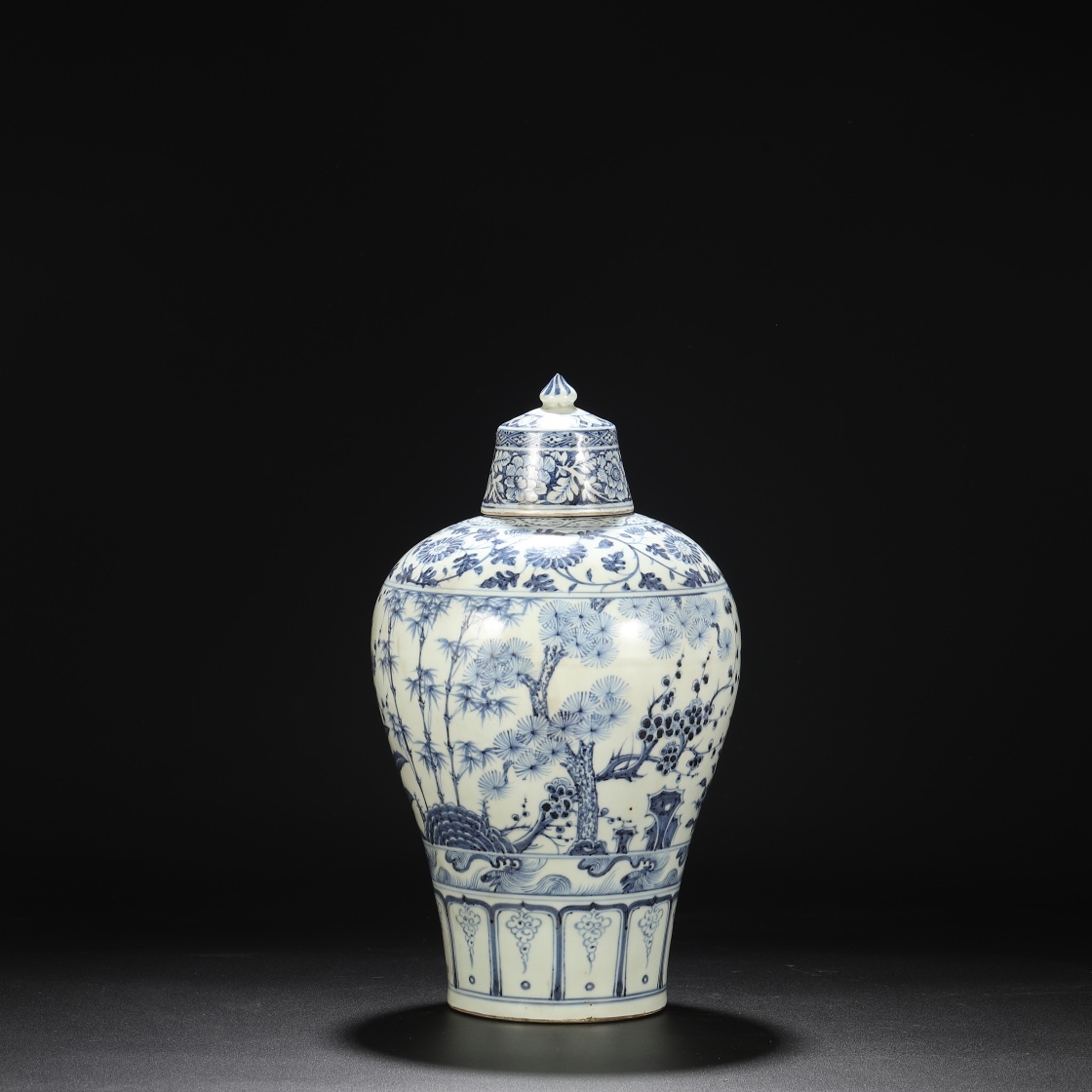 明時代 洪武 青花 松竹梅文 芭蕉寿石図 蓋付き大梅瓶 唐物 箱 明時代 洪武 青花 松竹梅文 芭蕉寿石図 蓋付き大梅瓶 唐物 箱