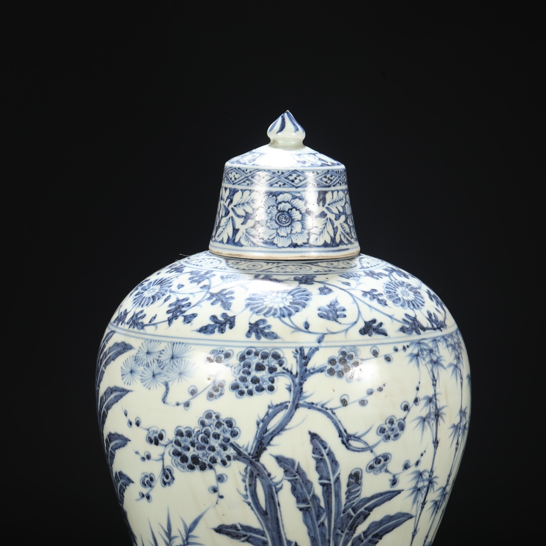 明時代 洪武 青花 松竹梅文 芭蕉寿石図 蓋付き大梅瓶 唐物 箱 明時代 洪武 青花 松竹梅文 芭蕉寿石図 蓋付き大梅瓶 唐物 箱