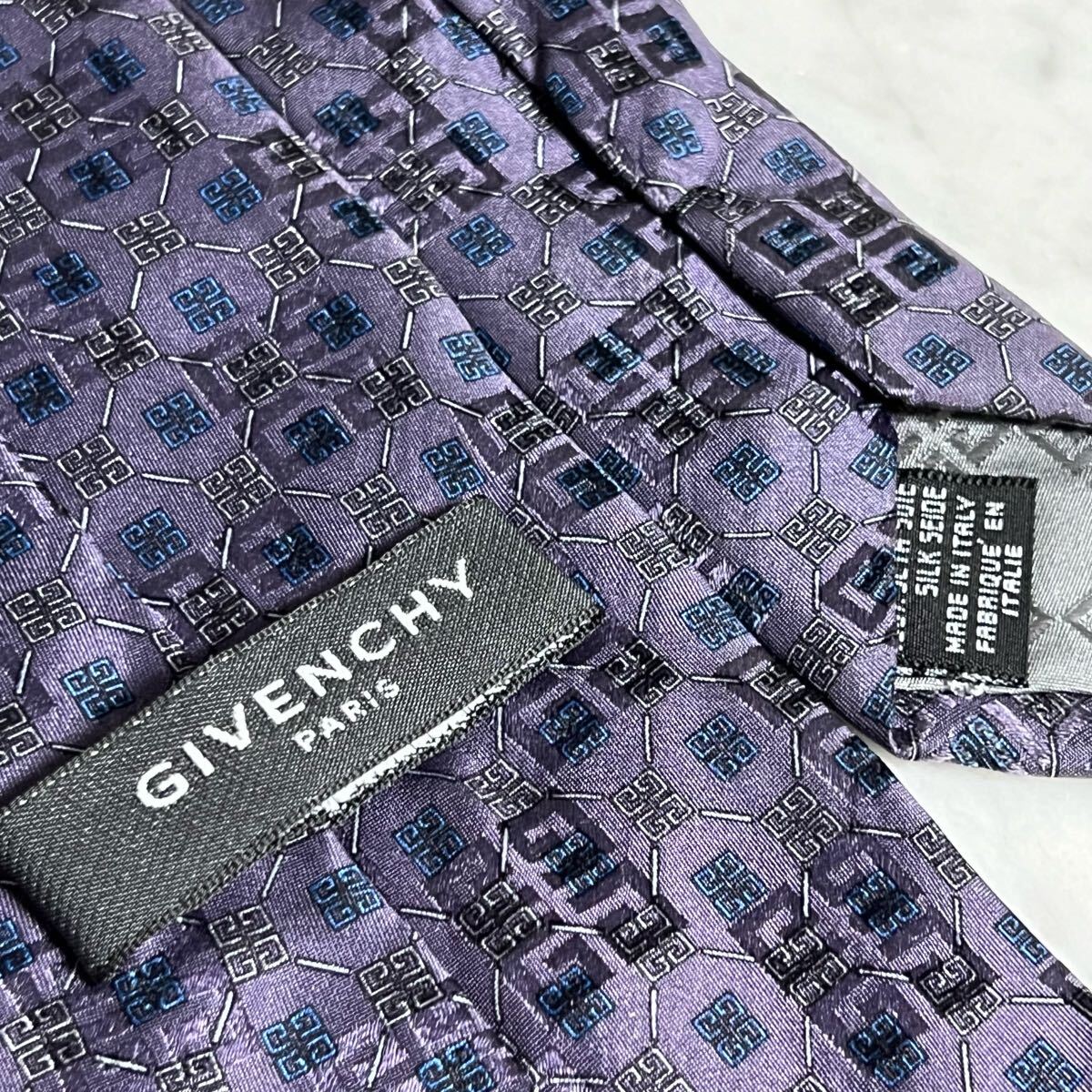 999円～ GIVENCHY ネクタイ 4Gロゴ パープル ネイビー 総柄 光沢 (R6)_画像6