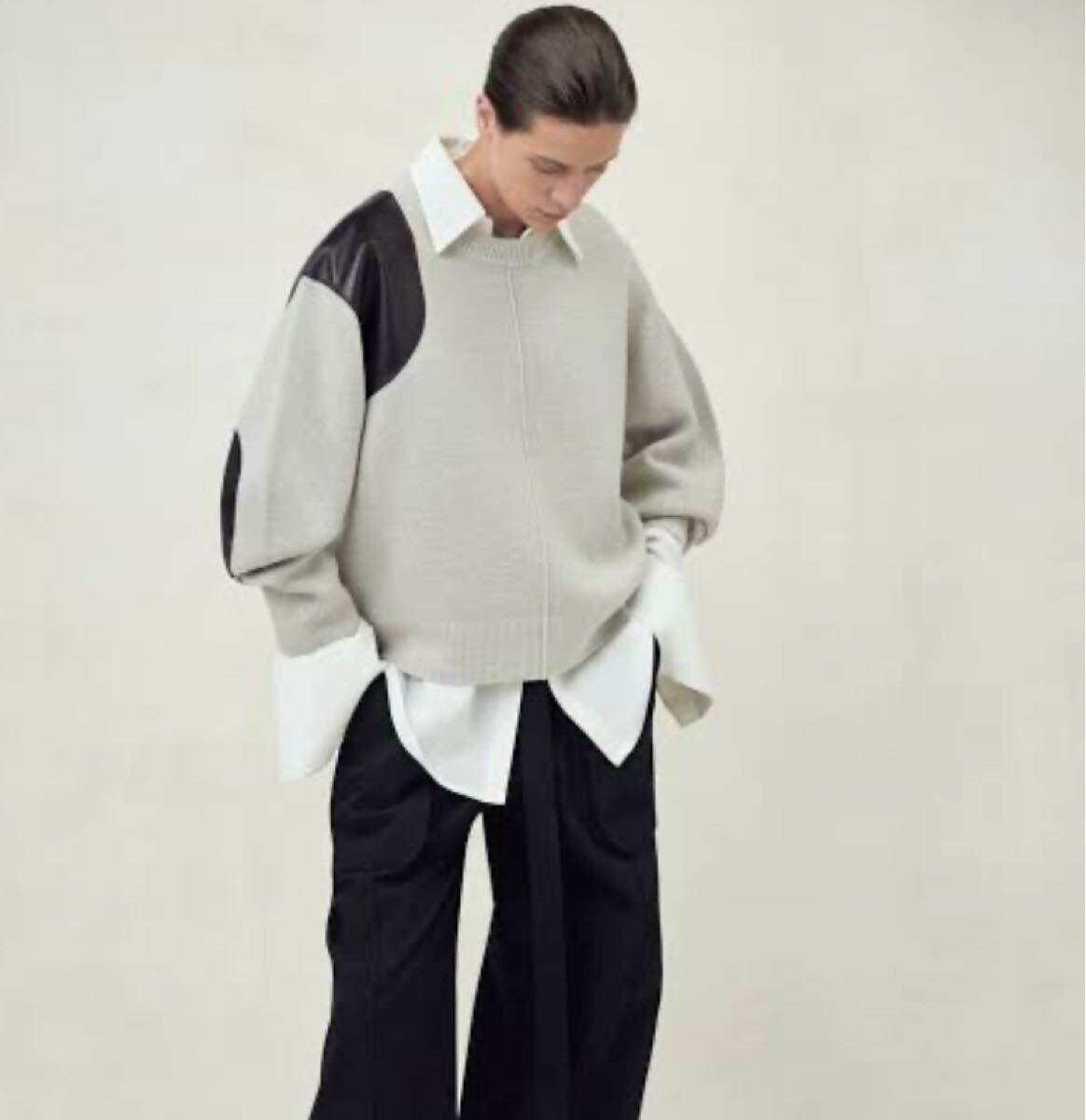 ぱ*ち様 新古品 BR x PETER DO レザー ニット グレー L ピータ 新古品 BR x PETER DO レザー ニット グレー L ピータードゥ