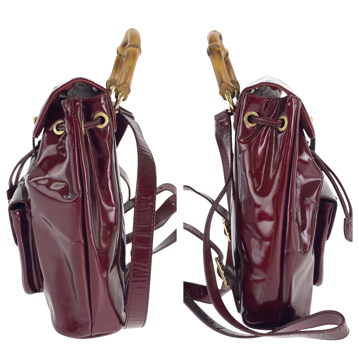 グッチ バンブー パテントレザー ナイロンリュック GUCCI グッチ バンブー ワインレッド ブラウン ゴールド金具