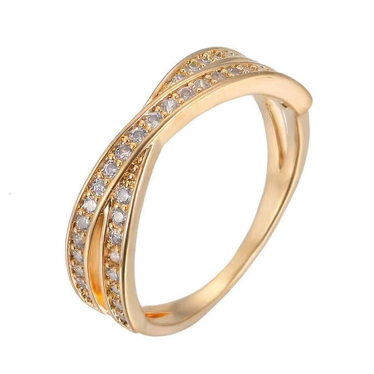 新品 11号 AAA CZ ダイヤモンド クロスリング イエローゴールド ダイヤモンドリング ダイヤ 金 プレゼント ゴールド ユニセックス 送料無料_画像1