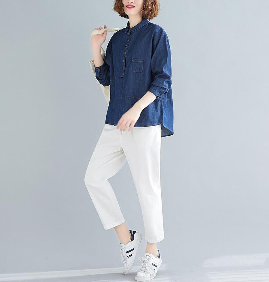  весна новый продукт casual Denim рубашка взрослый блуза ходить на работу посещение школы длинный рукав tops простой туника *2XL размер 