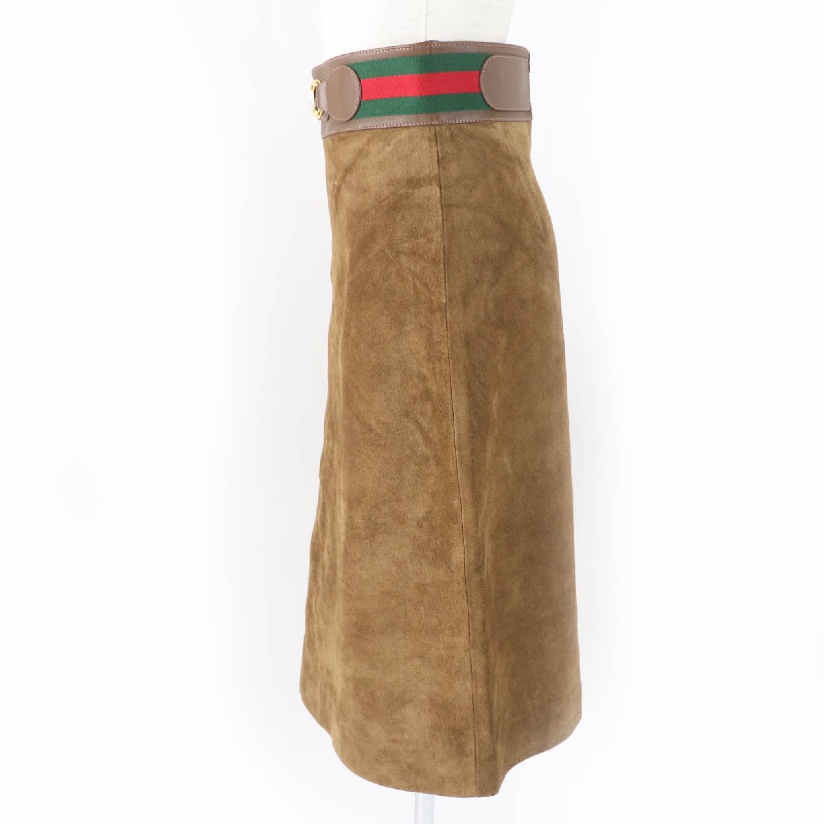 極美品☆GUCCI グッチ 626888 カウスウェード ホースビット シェリーライン レザー フレアスカート ブラウン 36 正規(guī)品 レディース