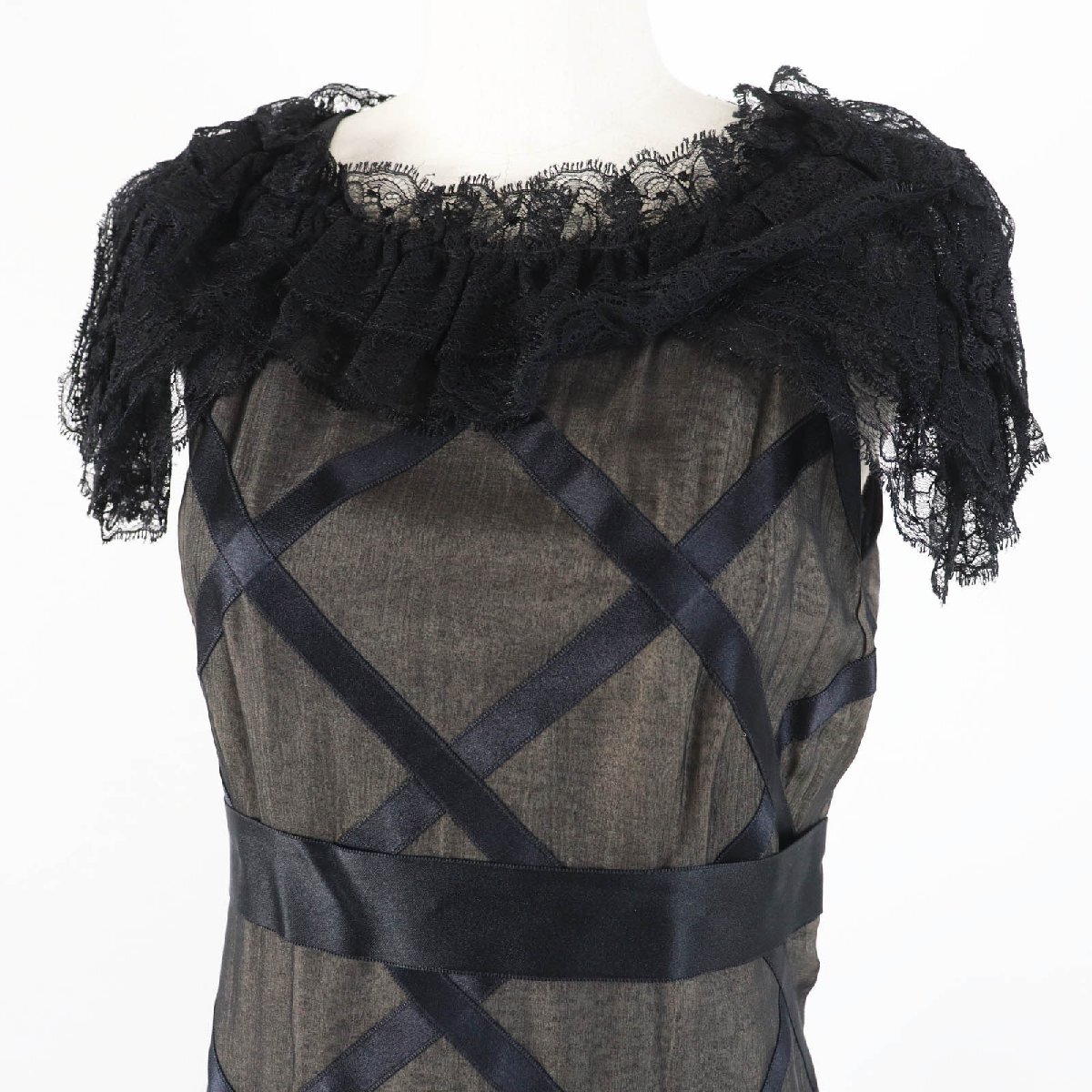 美品◎CHANEL シャネル ヴィンテージ 07P P30570 シルク100％ ココマーク付き レース使い ワンピース ブラック ベージュ 38 フランス制