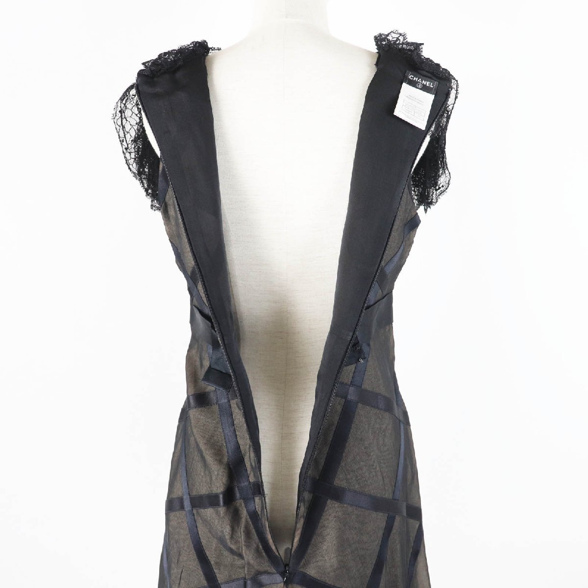 美品◎CHANEL シャネル ヴィンテージ 07P P30570 シルク100％ ココマーク付き レース使い ワンピース ブラック ベージュ 38 フランス制