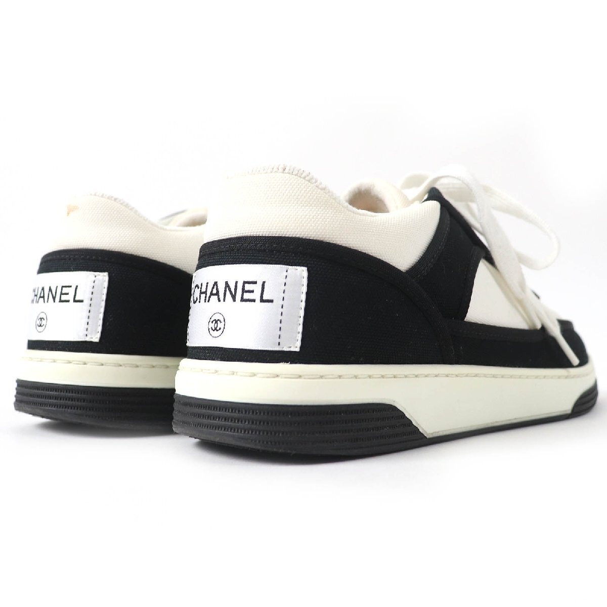 良品△CHANEL シャネル G37488 ココマーク ヒールラベル キャンバス ローカットスニーカー ブラック ホワイト 37 箱?保存袋付き 伊制