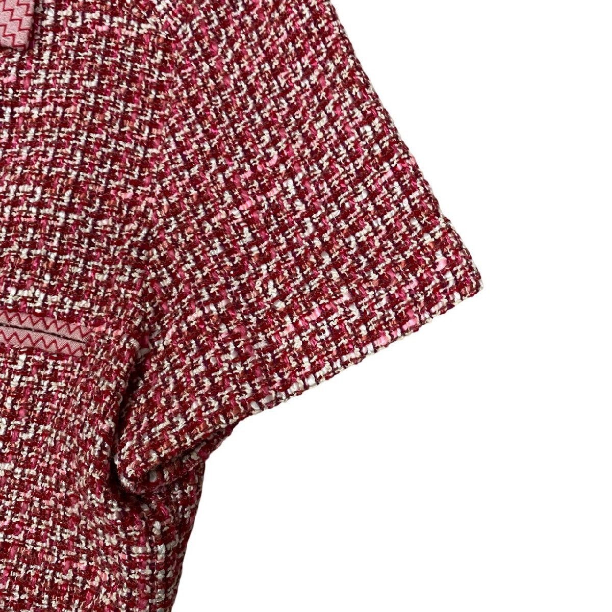 極 美品 希少品 ベルト付き CHANEL シャネル ヴィンテージ ココマーク ロゴ ボタン 半袖 ツイード ジャケット レッド ピンク 01a23
