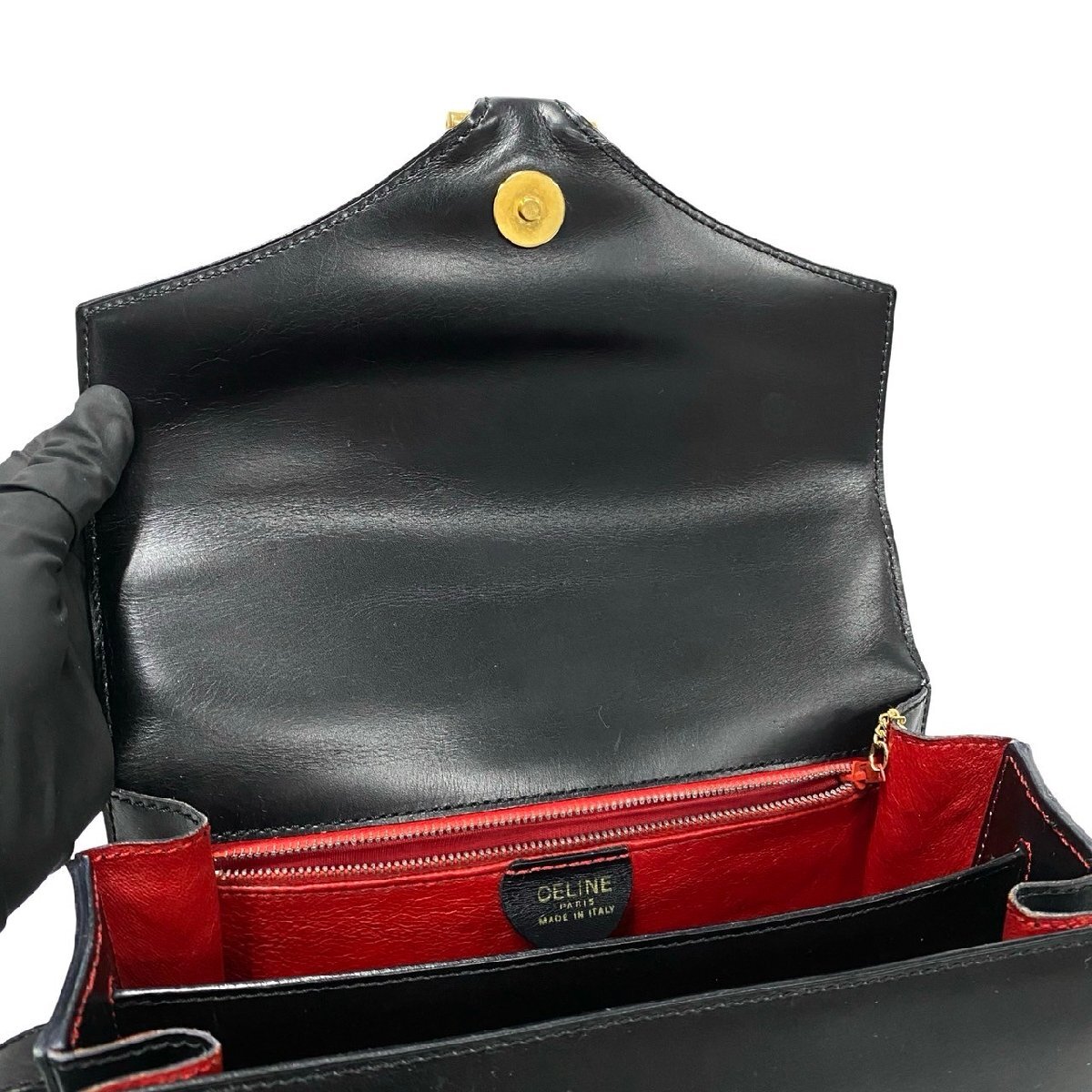  превосходный товар CELINE Celine Vintage gun chi-ni Logo металлические принадлежности машина f кожа натуральная кожа сумка на плечо небольшая сумочка черный чёрный 58305