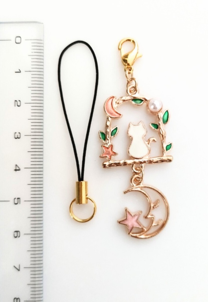 ハンドメイド ストラップ ファスナーチャーム 猫 月 星 ゴールド 揺れる 可愛い_画像5