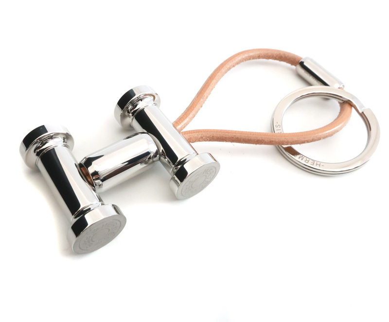 未使用 エルメス キーホルダー モビール H 現行モデル レザー ステンレススティール シルバー キーリング チャーム HERMES /33806