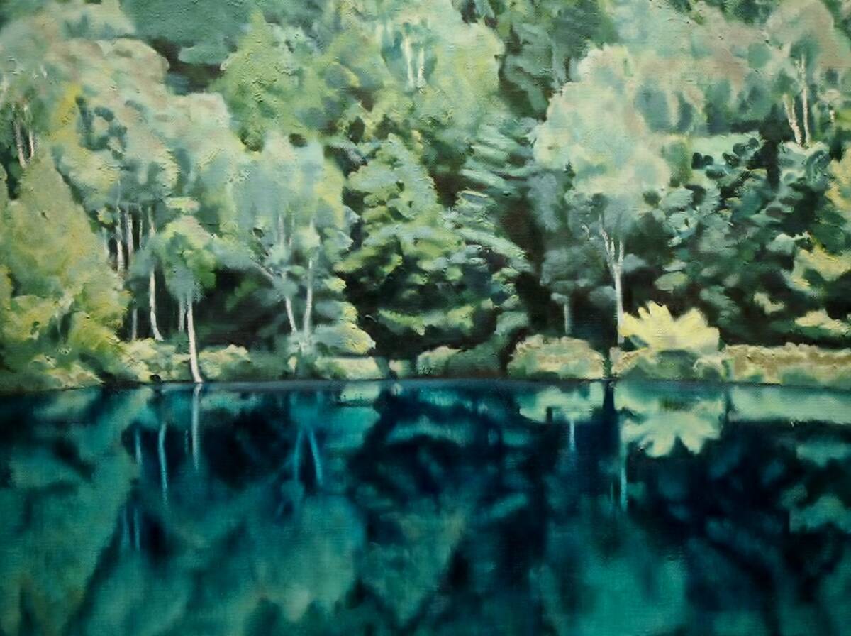 真作】石川滋彦「山湖緑」15号 大作逸品 明快、爽やかな青緑湖水 真作】石川滋彦「山湖緑」15号 大作逸品 明快、爽やかな青緑湖水