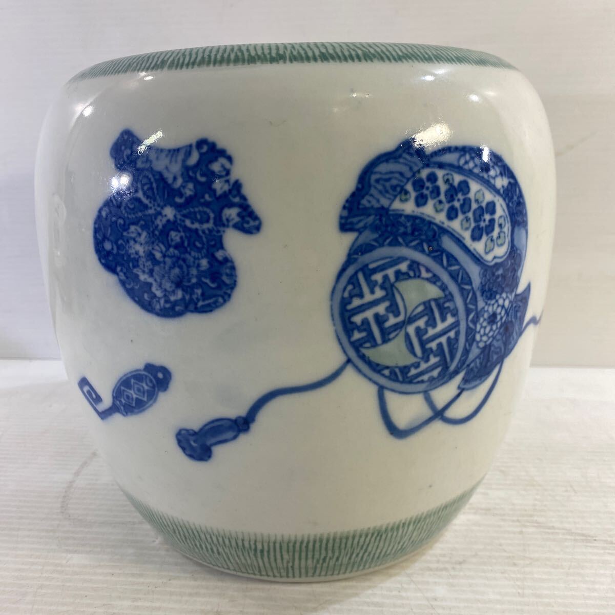 火鉢 手炙り火鉢 陶器 染付 当時物 メダカ鉢として 金魚鉢 睡蓮