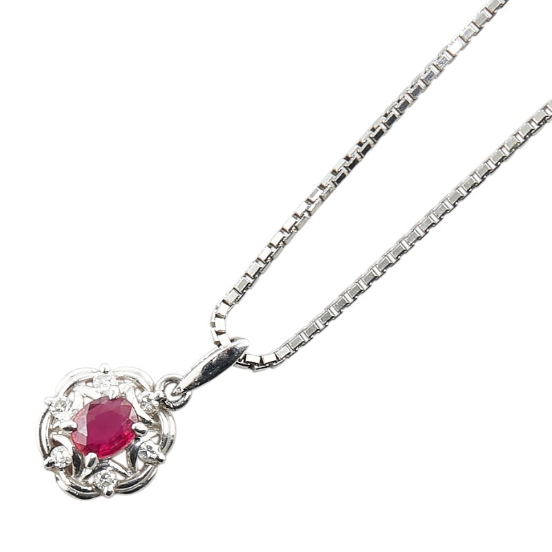 Pt850 プラチナ ルビー0.22ct ダイヤ0.06ct ネックレス レディース 中古