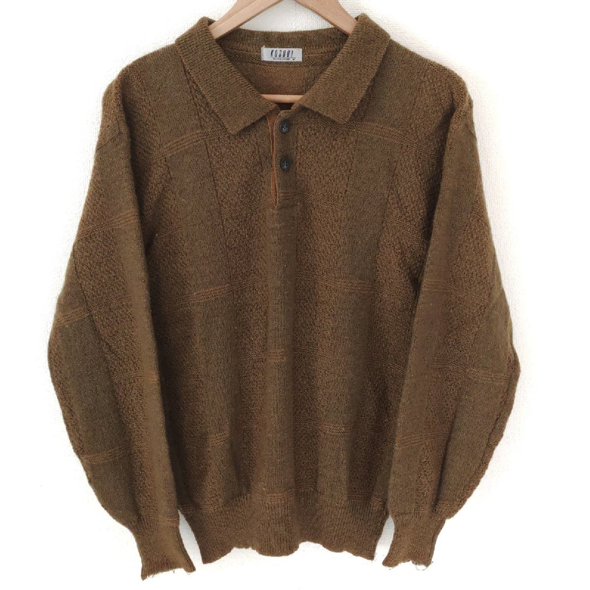 (^w^)b KOSUGI コスギ 80s 90s ビンテージ 長袖 ボタン ニット ポロ セーター カットソー トップス プルオーバー 無地 オリーブ M O11671DD_画像1