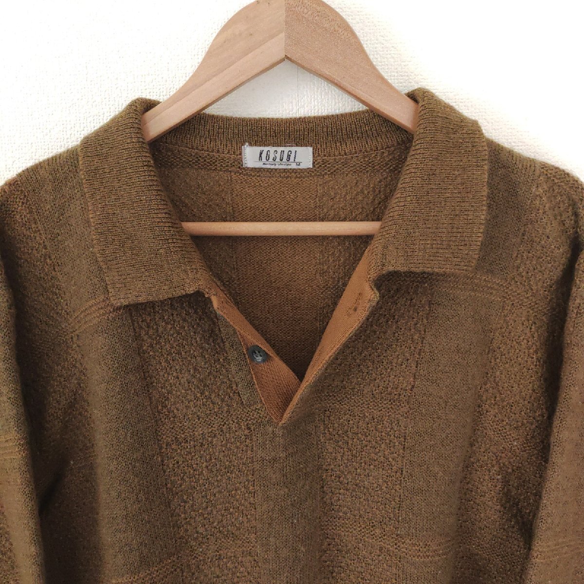 (^w^)b KOSUGI コスギ 80s 90s ビンテージ 長袖 ボタン ニット ポロ セーター カットソー トップス プルオーバー 無地 オリーブ M O11671DD_画像3