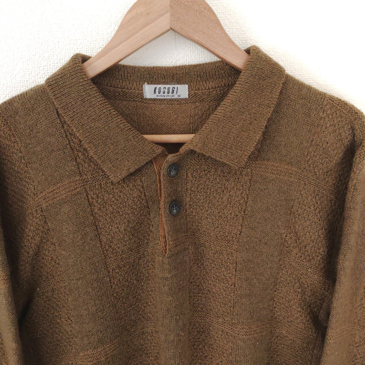 (^w^)b KOSUGI コスギ 80s 90s ビンテージ 長袖 ボタン ニット ポロ セーター カットソー トップス プルオーバー 無地 オリーブ M O11671DD_画像4