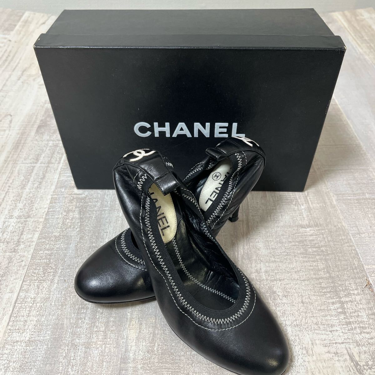 【箱付 極美品 ビブラムソール】CHANEL ヴィンテージ レザー パンプス シャネル ビッグ ココマーク ヒール ブラック 36.5C バレエシューズ