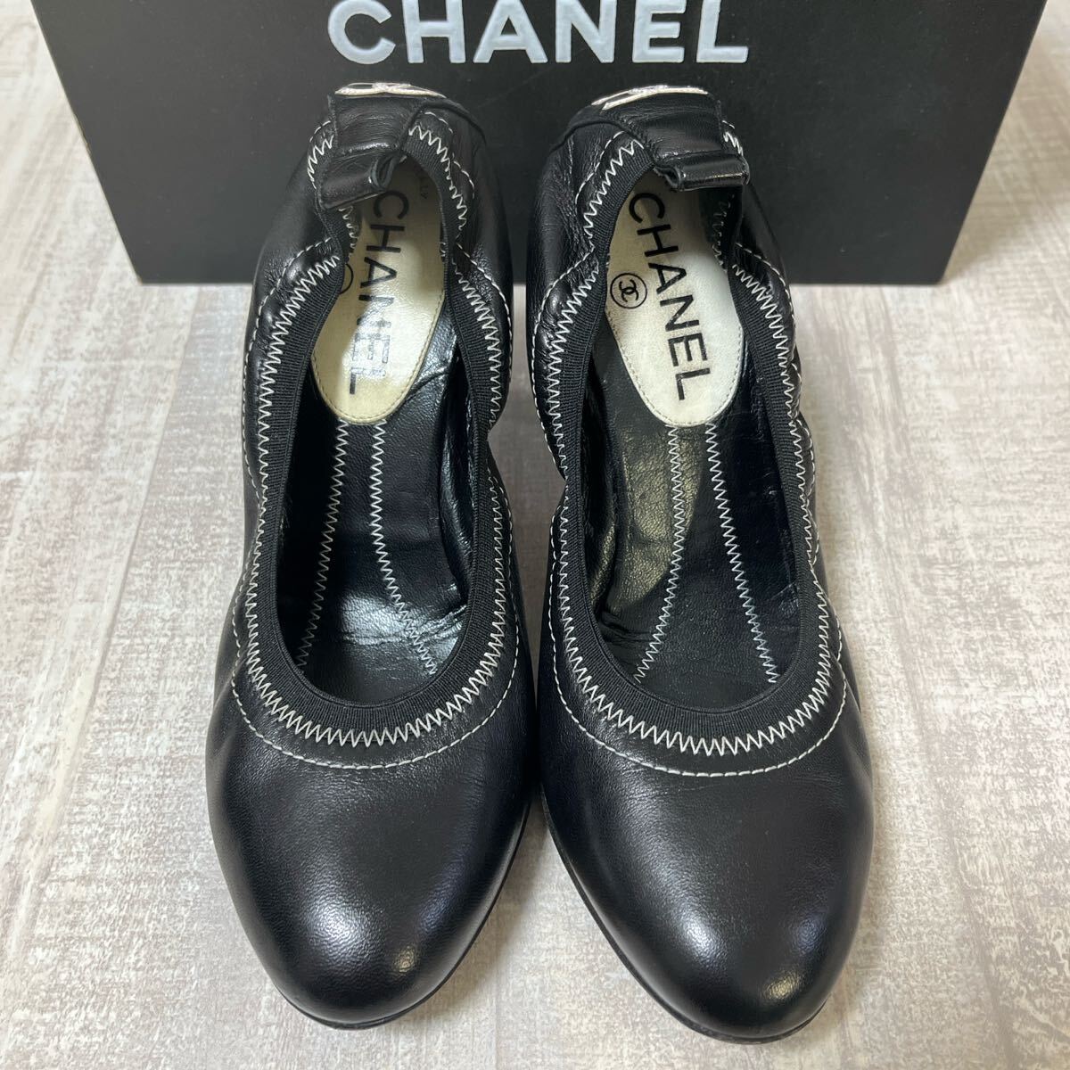 【箱付 極美品 ビブラムソール】CHANEL ヴィンテージ レザー パンプス シャネル ビッグ ココマーク ヒール ブラック 36.5C バレエシューズ