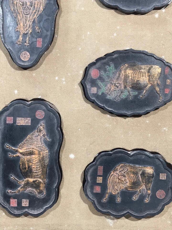 清時代 古徽州墨 五牛図 書道具 文房具 彩絵 書画用墨 文人