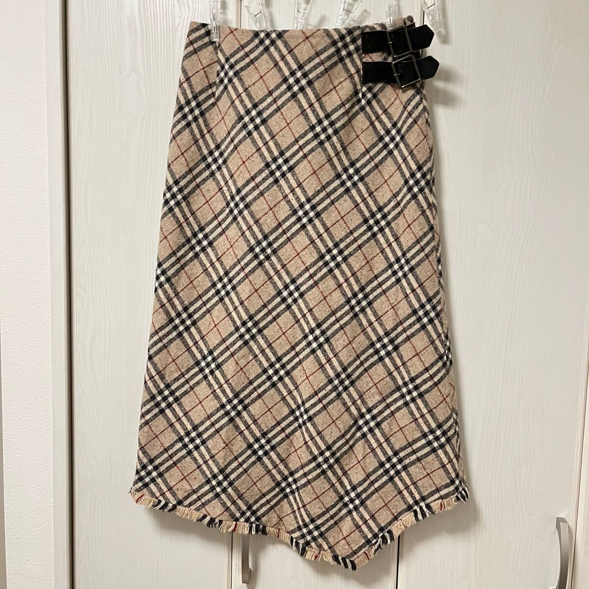 BURBERRY LONDON バーバリーロンドン ノバチェック バイアス アリンメトリー ロングスカート ウール スカート チェック フリンジ