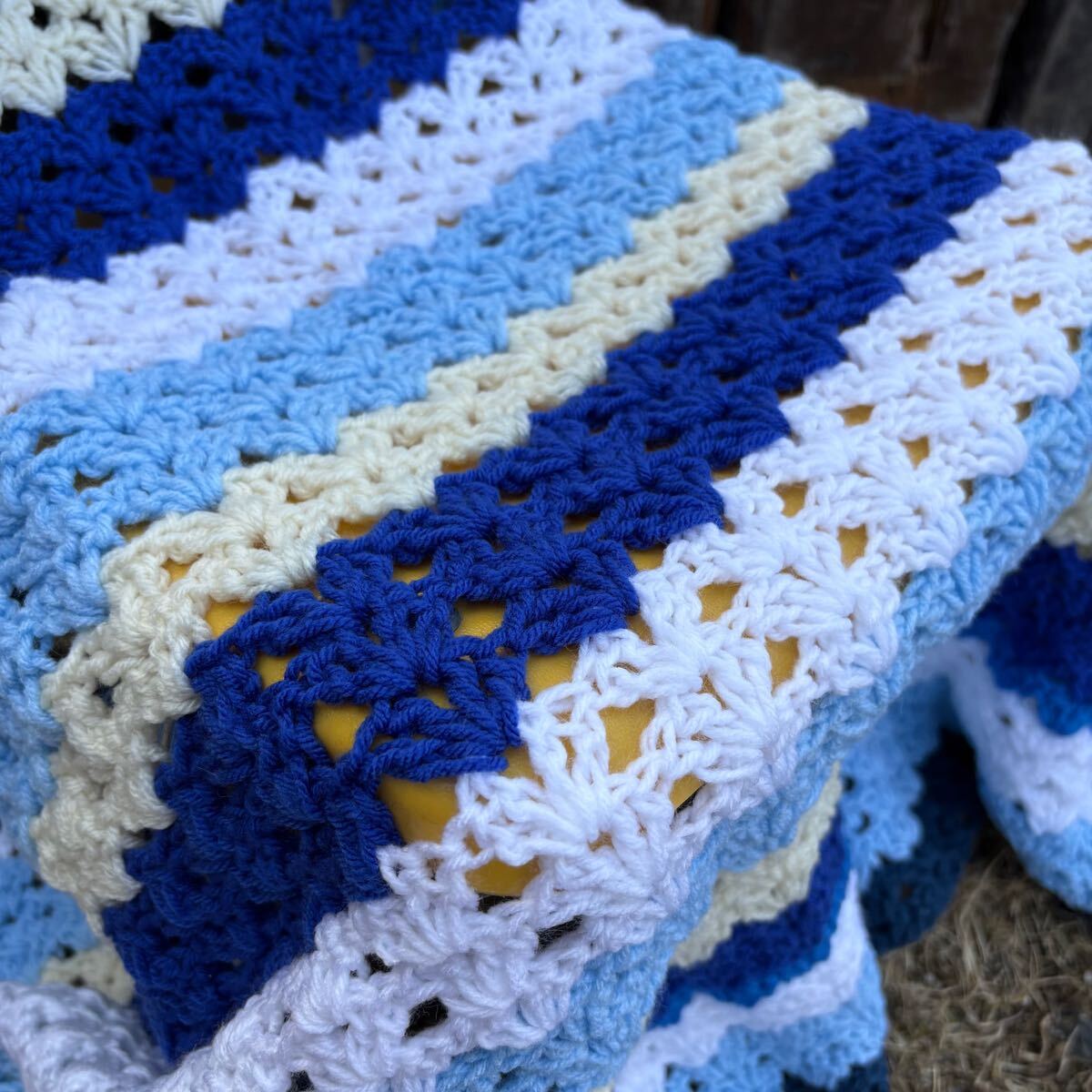 【USA vintage】granny blanket グラニーブランケット ブルー 膝掛け ラグ アメリカ ビンテージ