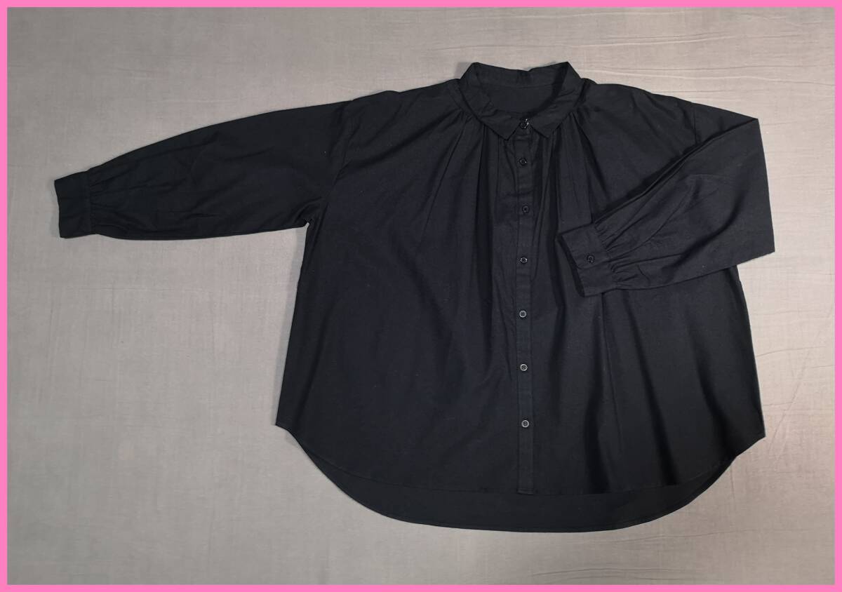 ＢＬＷ‐１０６‐２☆春秋☆新品☆送料込み☆即決☆ナチュラル系☆綿☆カッターシャツより厚手☆M～Ｌサイズ☆ブラウス☆黒☆ギャザー☆