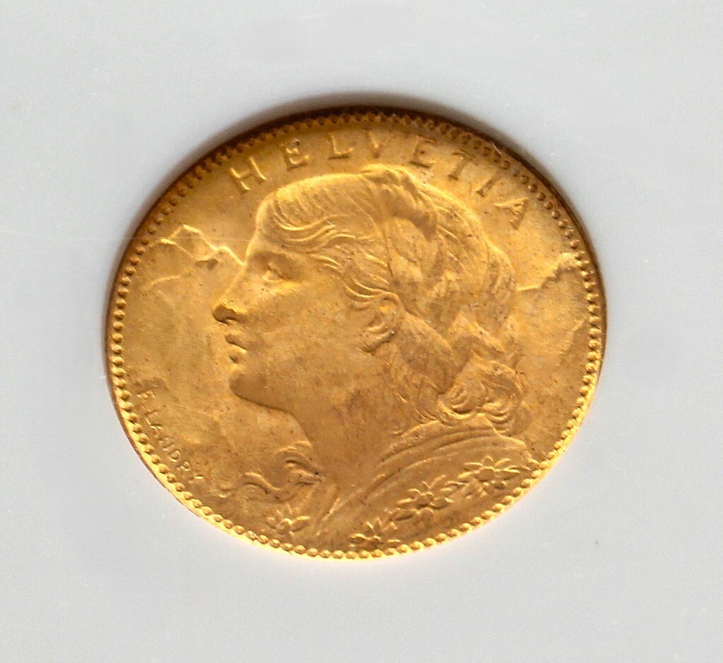 1922年 スイス ブレネリ アルプスの少女 10フラン 金貨 NGC MS65 1922年 スイス ブレネリ アルプスの少女 10フラン 金貨 NGC MS65