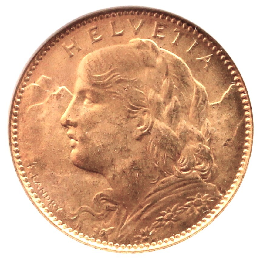 1922年 スイス ブレネリ アルプスの少女 10フラン 金貨 NGC MS65 1922年 スイス ブレネリ アルプスの少女 10フラン 金貨 NGC MS65