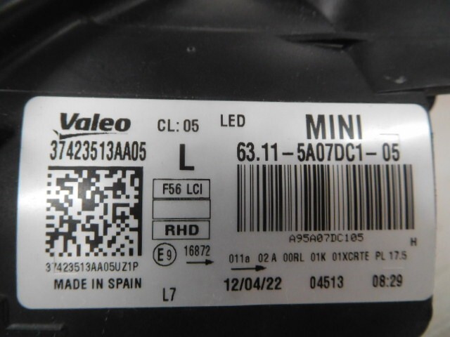 BMW Mini 3DA-XV15MW левая фара 63115A1FAC1 Valeo 37423513AA05 63.11-5A07DC1-05 F56 черный модель 366773