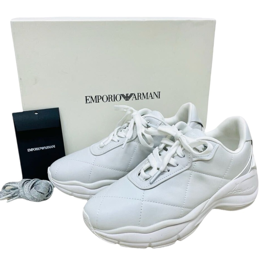 箱タグ付き EMPORIO ARMANI エンポリオ アルマーニ ナッパレザー ダイヤモチーフ キルティング スニーカー レディース X3X217 XF782