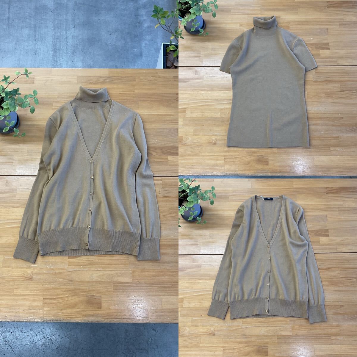 美品 INED イネド ウールブレンドリブニットトップスカーディガン ハイネック半袖セーター 薄手長(zhǎng)袖羽織 アンサンブル ベージュ色系 15號(hào) q