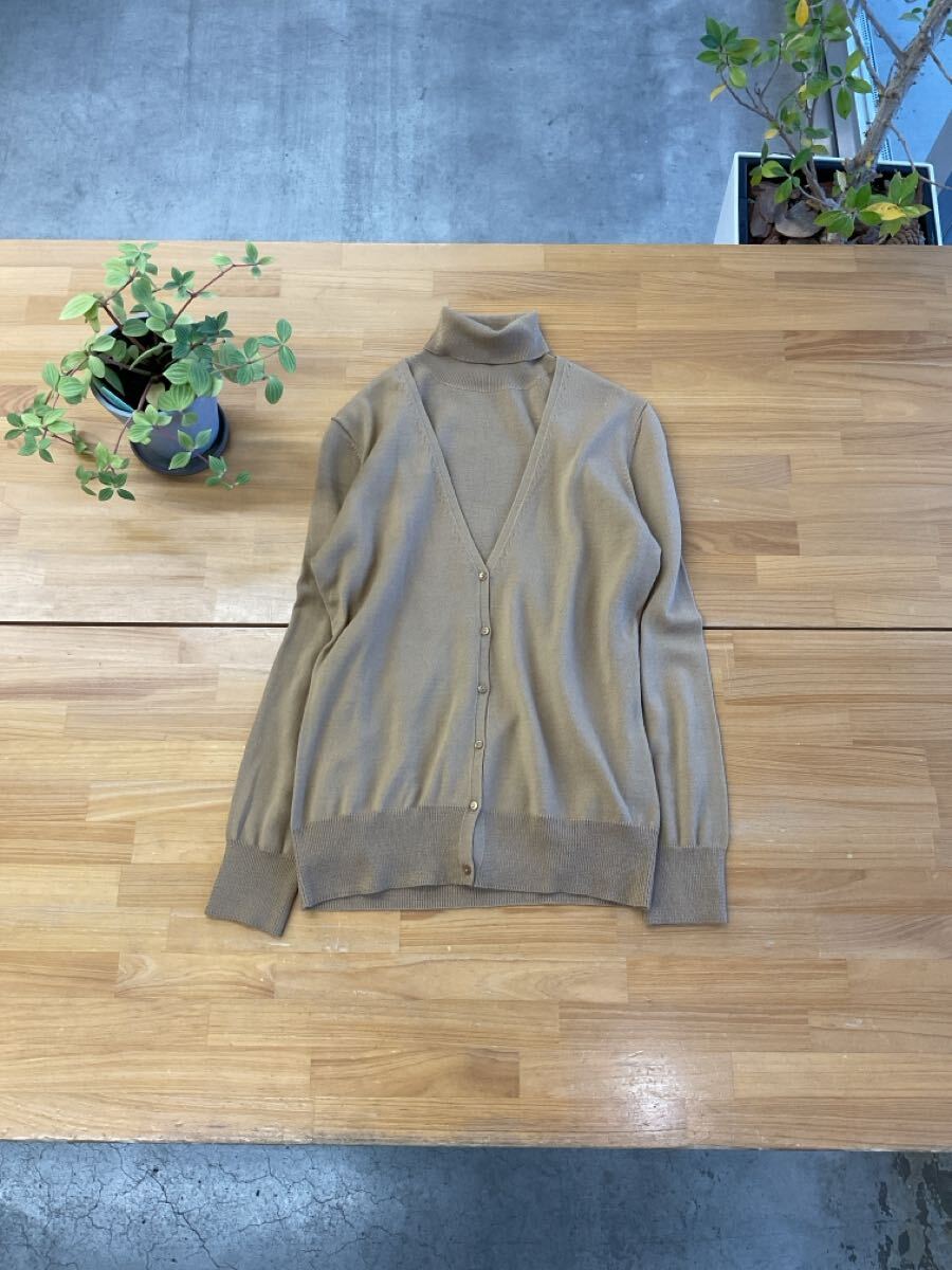 美品 INED イネド ウールブレンドリブニットトップスカーディガン ハイネック半袖セーター 薄手長(zhǎng)袖羽織 アンサンブル ベージュ色系 15號(hào) q